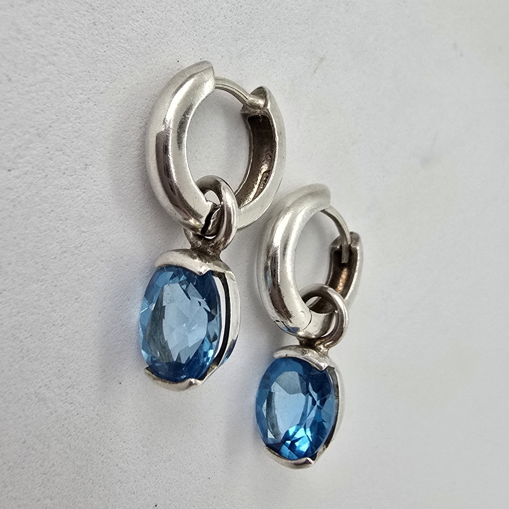 Vintage 925 Sterling Silver Blue Topaz Drop Hoop Earrings - Women Jewelry